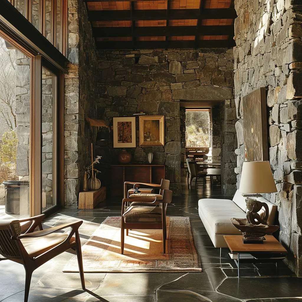 Contemporary living room with rugged stone walls, floor-to-ceiling windows, slate flooring, mid-century wood furniture, and warm natural light highlighting curated artwork and minimalist décor.