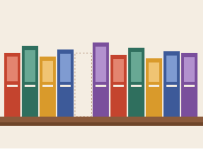 Minimalist illustration of a bookshelf with colorful binders and a single empty space outlined by a dashed border, symbolizing the disappearance of physical media or missing digital content