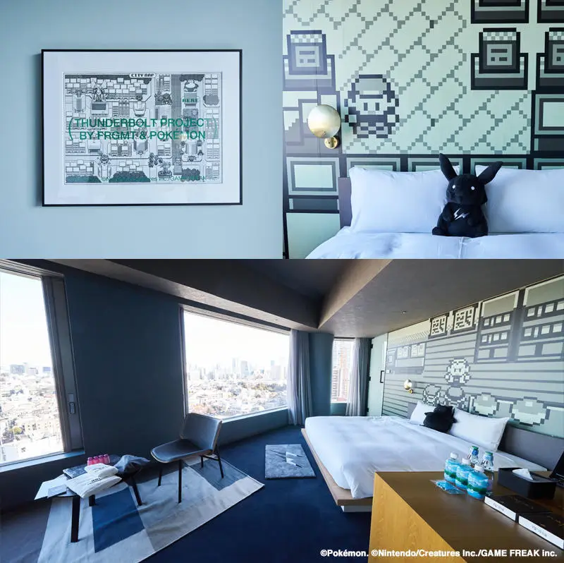 Collage of the Thunderbolt Project by Fragment and Pokémon hotel room featuring framed pixel-art map artwork, Pokémon-themed wallpaper inspired by classic Game Boy graphics, a plush Pokémon on the bed, and panoramic city views through large windows.