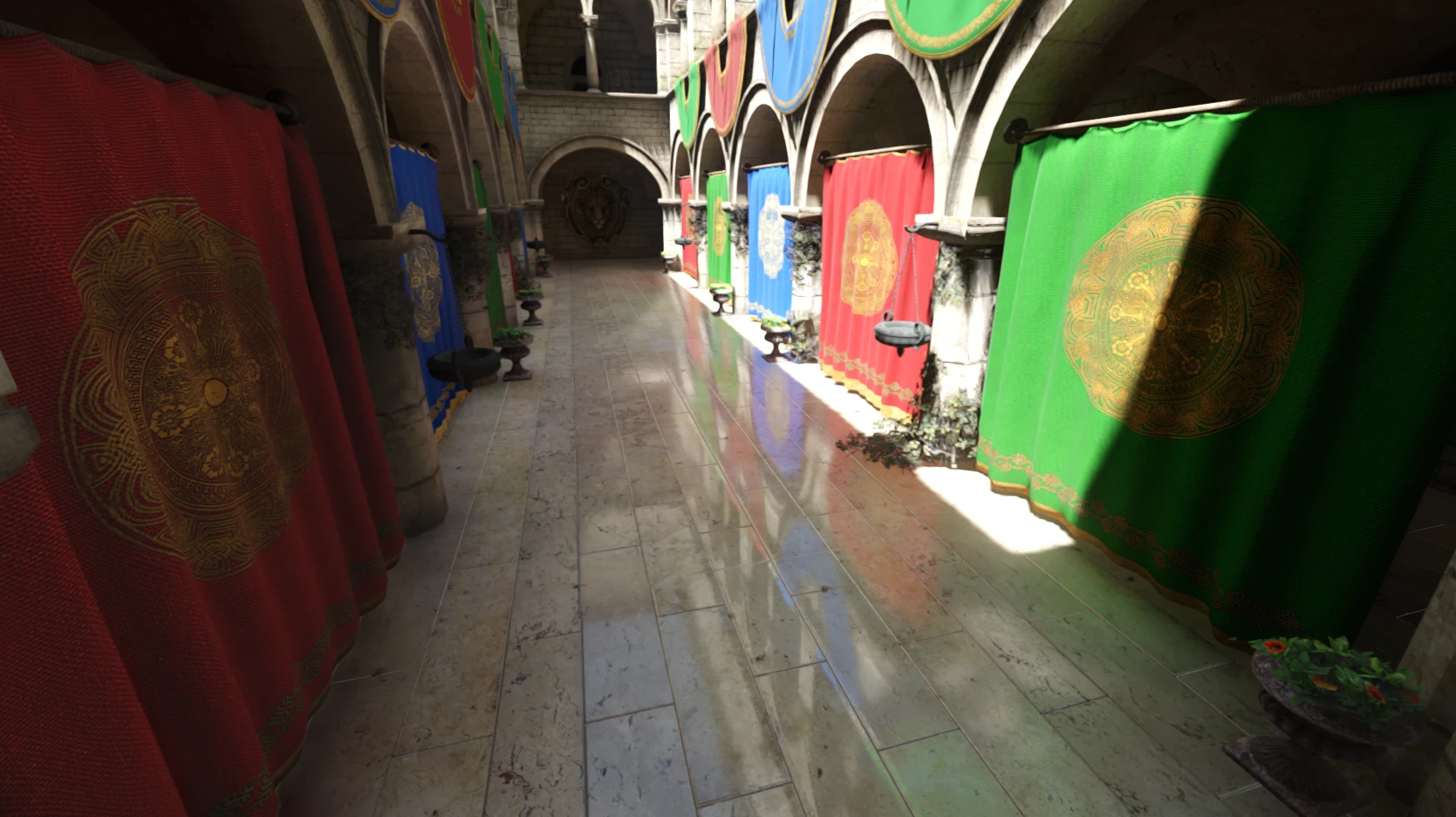 Sunlit medieval stone corridor lined with colorful red, blue, and green banners featuring ornate gold emblems, showcasing realistic lighting and polished reflective floors in a 3D environment.