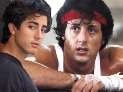 Young actor portraying a youthful Rocky Balboa stands beside a sweaty boxer in a white tank top and red headband during a side by side promotional image for the upcoming Rocky adaptation