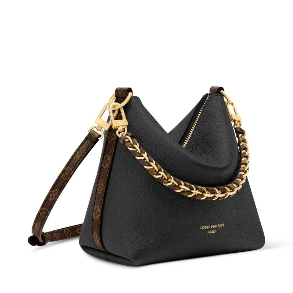 Black Louis Vuitton leather hobo bag with a gold chain shoulder strap, Monogram trim, gold hardware, and a detachable crossbody strap