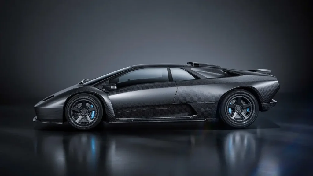 Full side profile of the Eccentrica Diablo finished in exposed carbon fiber, displaying its wedge-shaped silhouette, sculpted side intakes, and modern performance wheel