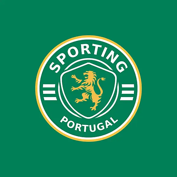 Historic Sporting CP circular crest featuring a golden lion, green shield, and white lettering on a solid green background.