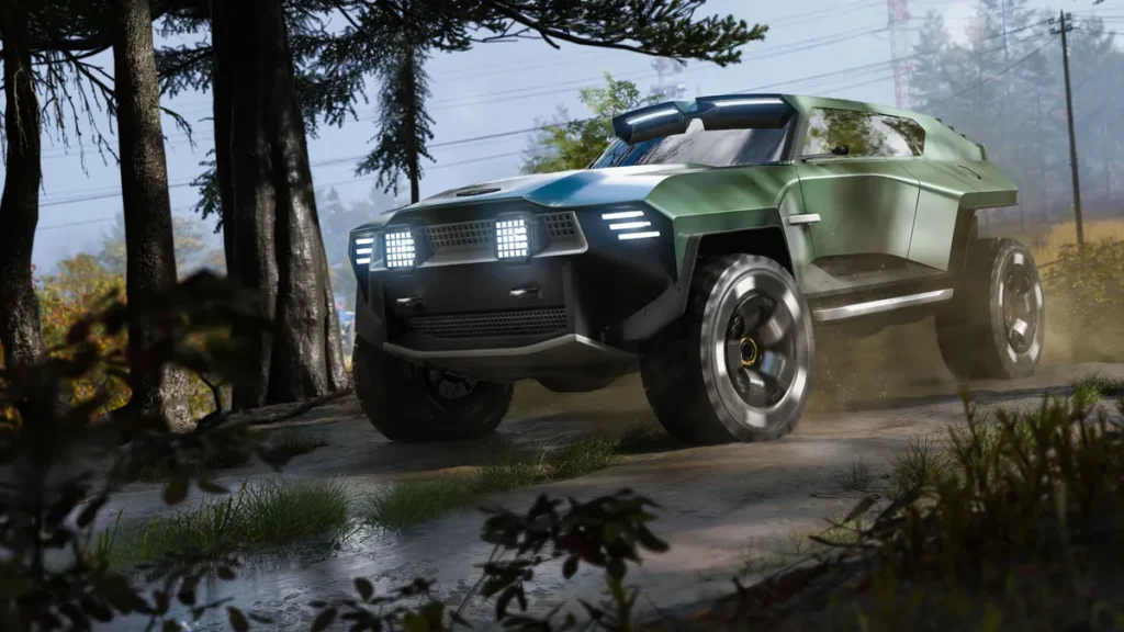 Three-quarter front view of the Aston Martin pickup concept driving along a forest trail, showcasing its boxy body, squared LED headlights, roof-mounted auxiliary light bar, aggressive off-road tires, high ground clearance, and angular military-inspired design kicking up dust through wooded terrain