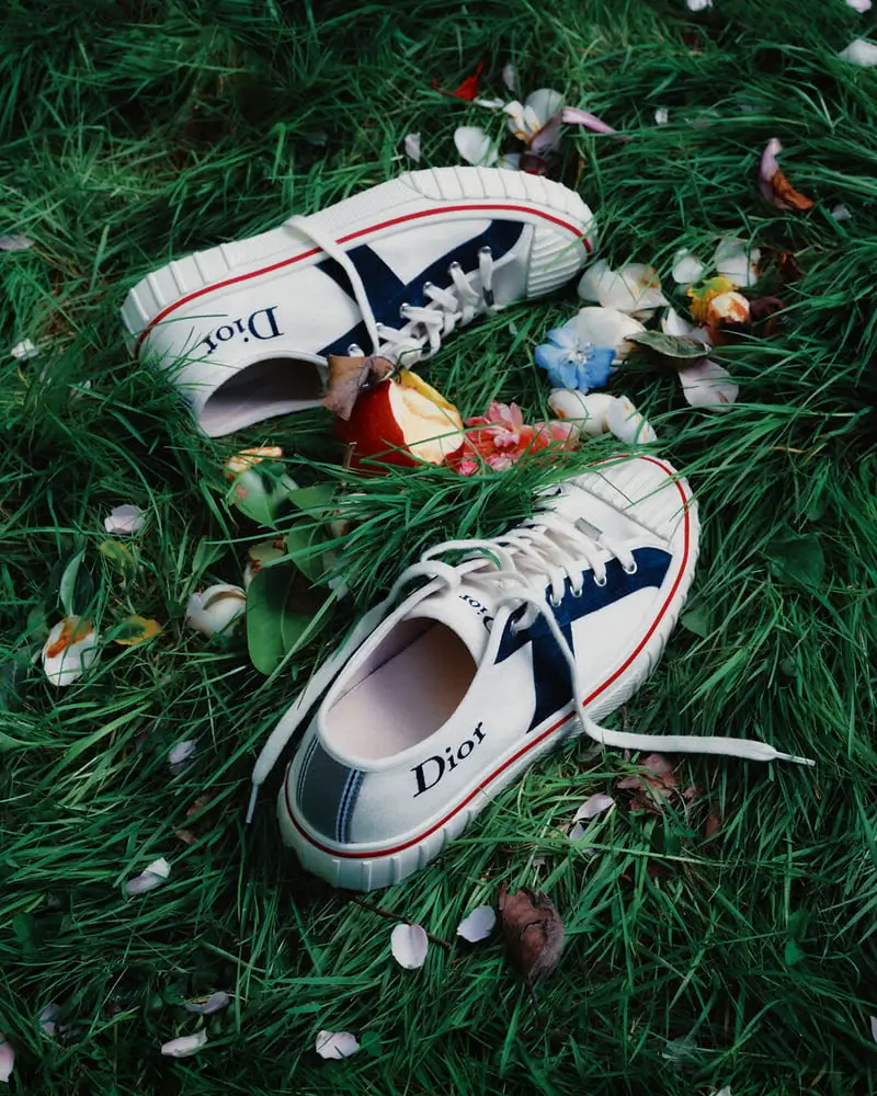 Pair of white Dior low-top shoes with navy panels and red piping arranged on grass among scattered flowers.