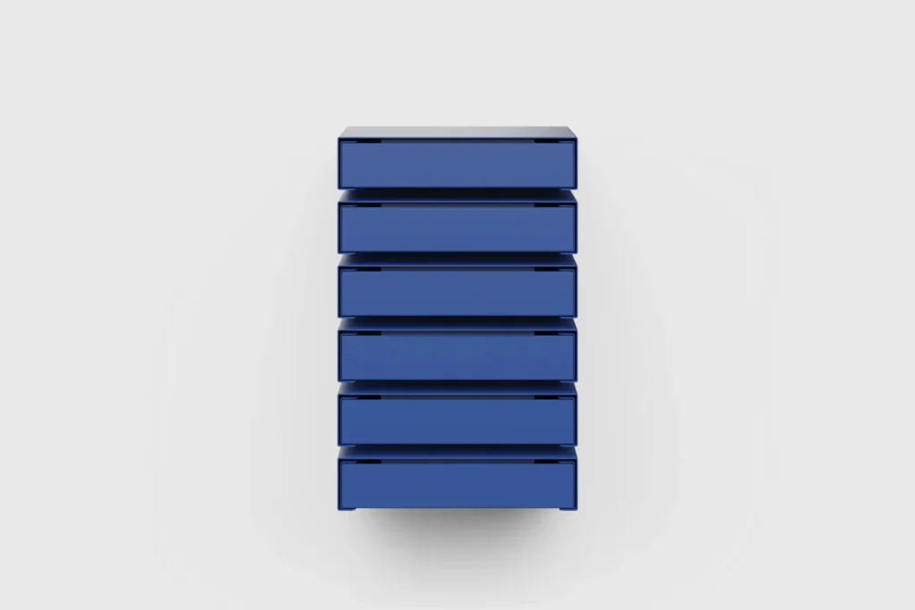 Blue wall-mounted modular drawer unit shown in a front-facing studio view against a white background