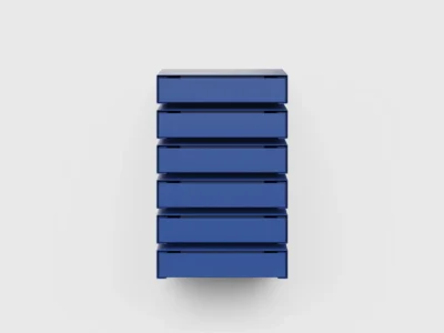 Blue wall-mounted modular drawer unit shown in a front-facing studio view against a white background
