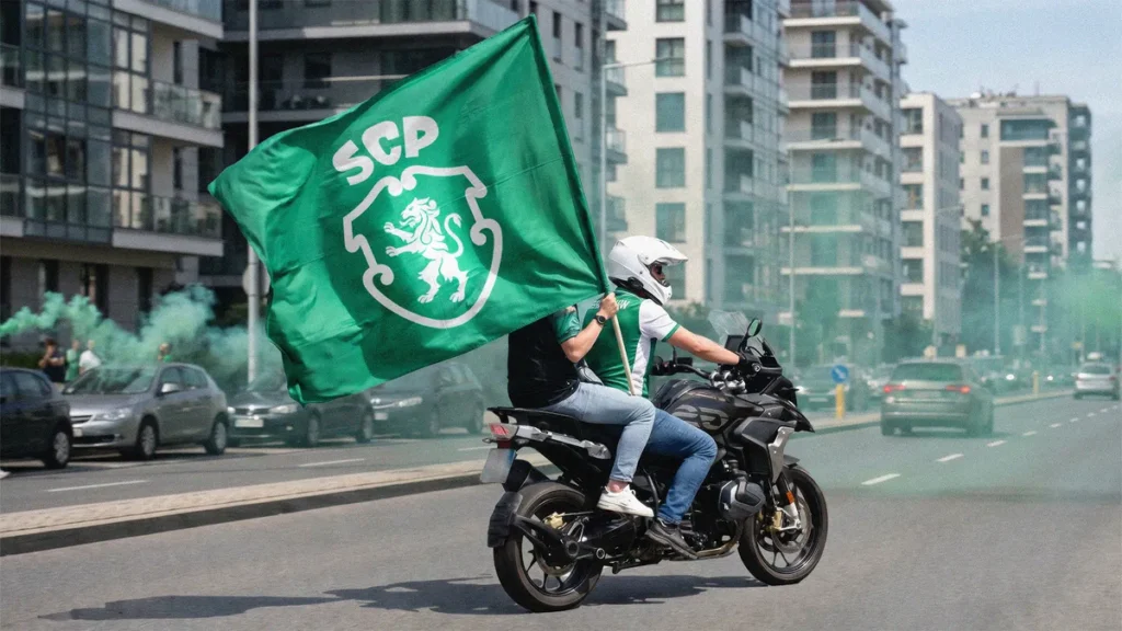 Two people ride a motorcycle down a city street, with the passenger holding a large green SCP flag. Green smoke fills the background, and modern apartment buildings line both sides of the road.