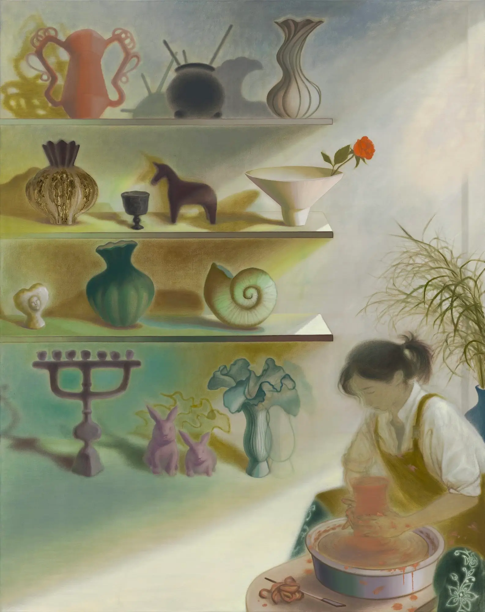 Dreamlike painting of a ceramic artist shaping clay on a pottery wheel inside a studio filled with handcrafted vases, sculptural objects, and softly illuminated shelves.