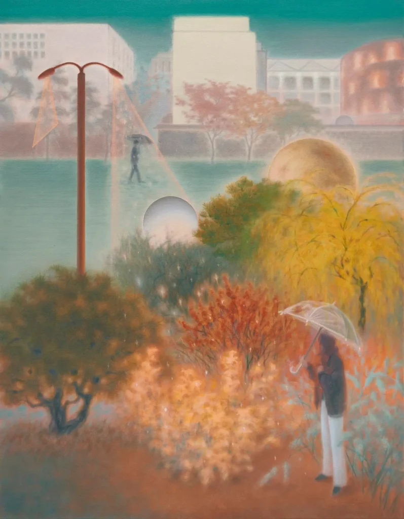 Dreamlike urban garden with autumn-colored shrubs, glowing spherical sculptures, modern buildings, and a figure holding a transparent umbrella beneath softly lit streetlight