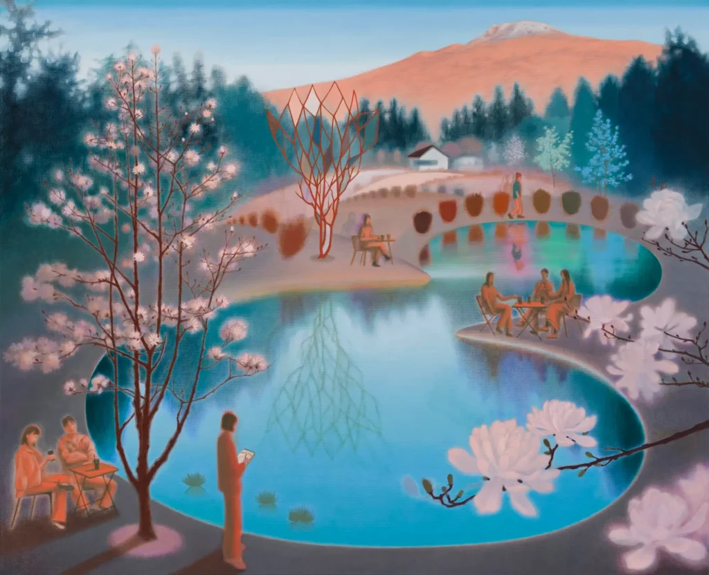 Serene lakeside landscape with blossoming trees, people relaxing by turquoise water, a curved pedestrian bridge, distant mountains, and soft pastel spring color