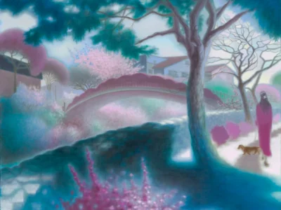 Ethereal garden scene with a curved bridge, flowering trees, tranquil stream, and a person walking a small dog through a misty landscape rendered in soft blue, pink, and lavender hue