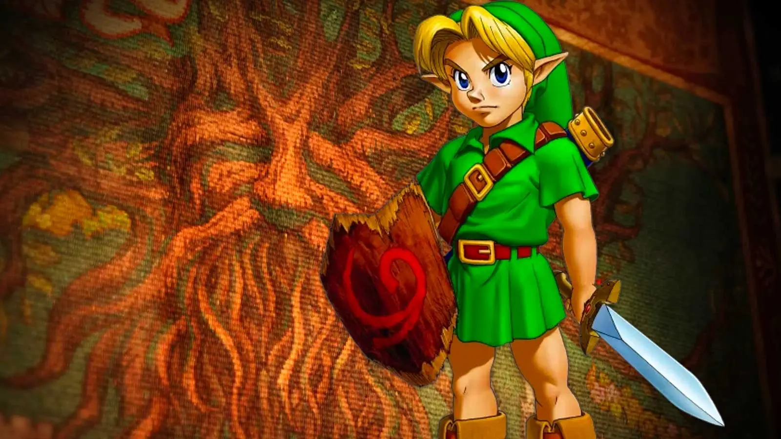 Young Link stands in his iconic green tunic with the Kokiri Sword in one hand and the Deku Shield in the other before a richly woven tapestry depicting the Great Deku Tree. The nostalgic artwork recreates the Nintendo 64-era design with warm earthy tones, vibrant colors, and a classic fantasy atmosphere.
