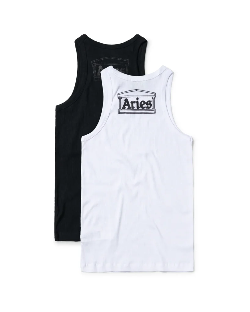 Black and white Aries rib tank top layer together, each feature the brand temple-style logo graphic