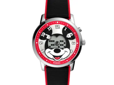 Fossil Mickey Mouse Watch Features A Silver Case, Red Dial Border, And Black Rib Strap