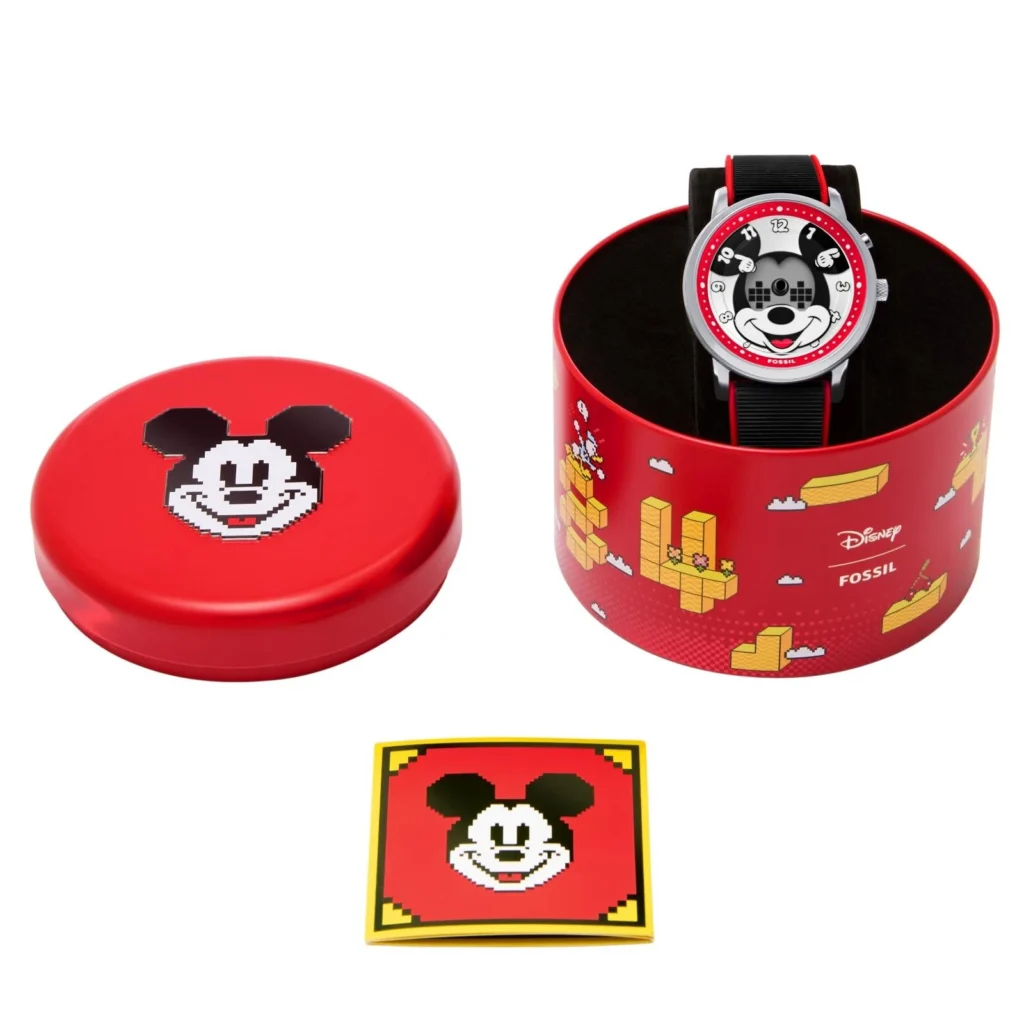 Fossil Mickey Mouse Watch Sits Inside A Red Disney Collector Tin With A Match Pin