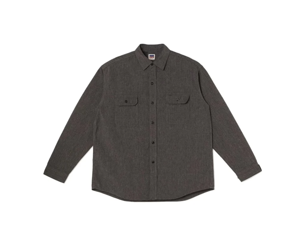 Full front view of a charcoal grey BIG MAC long-sleeve work shirt with two chest pockets on a white background