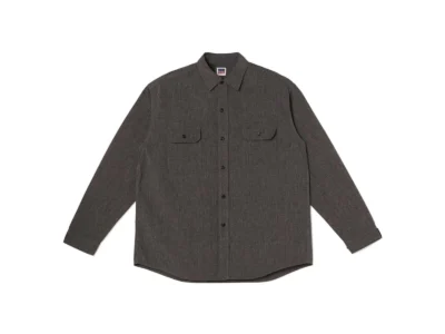Full front view of a charcoal grey BIG MAC long-sleeve work shirt with two chest pockets on a white background