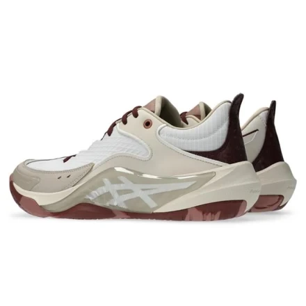Cream and white ASICS low-top performance shoe with burgundy accents, shown in a lateral side profile against a clean white background.