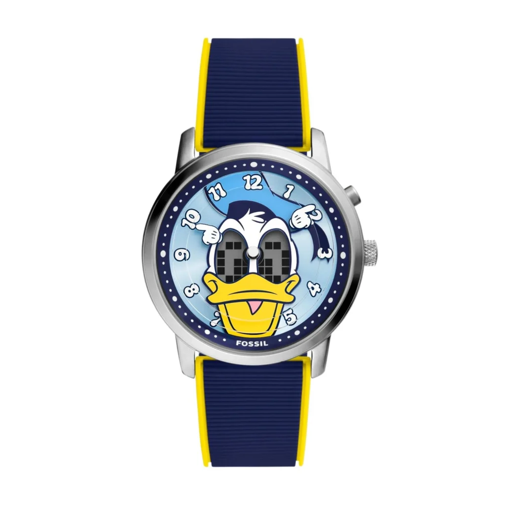 Fossil Donald Duck Watch Features A Silver Case, Blue Dial, And Navy Strap With Yellow Trim