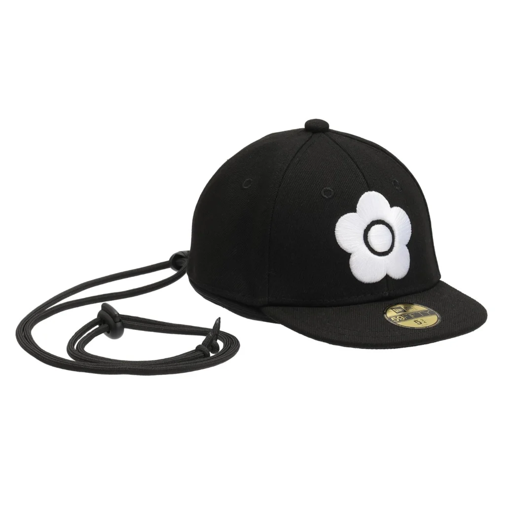 Black Mary Quant X New Era Mini Cap Accessory With White Flower Embroidery And Cord Strap