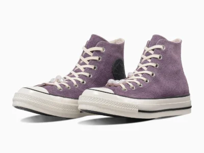 Pair Of Purple Suede Converse Chuck 70 High-Tops With Cream Laces And Pearl Detail