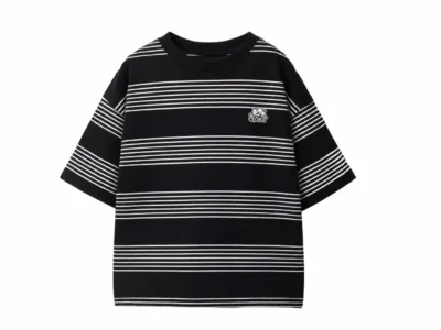 Black oversize Tee with white horizontal stripes and a small embroider chest graphic
