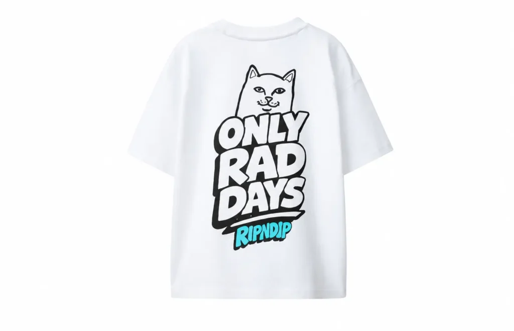 White RIPNDIP Tee with a large “Only Rad Days” cat graphic on the back