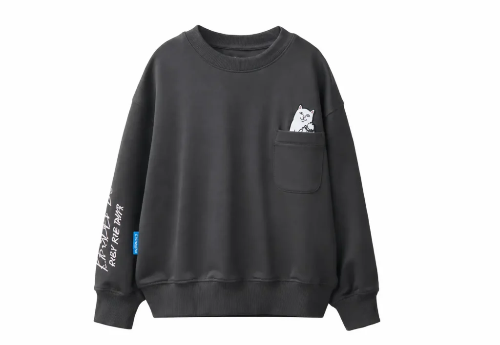 Charcoal RIPNDIP crewneck sweatshirt with a chest pocket and cat graphic peek from the pocket