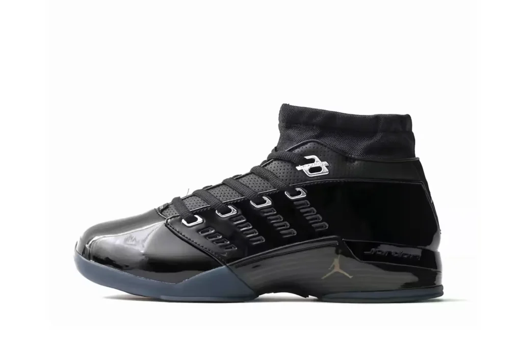 Black patent leather Jordan high-top shown in side profile with silver hardware and a dark translucent sole