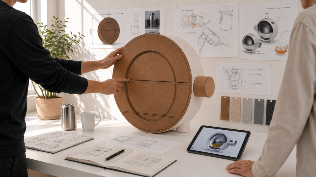 Designers review a full-scale cardboard DOSTEA prototype surrounded by sketches, technical drawings, material samples, and a digital render