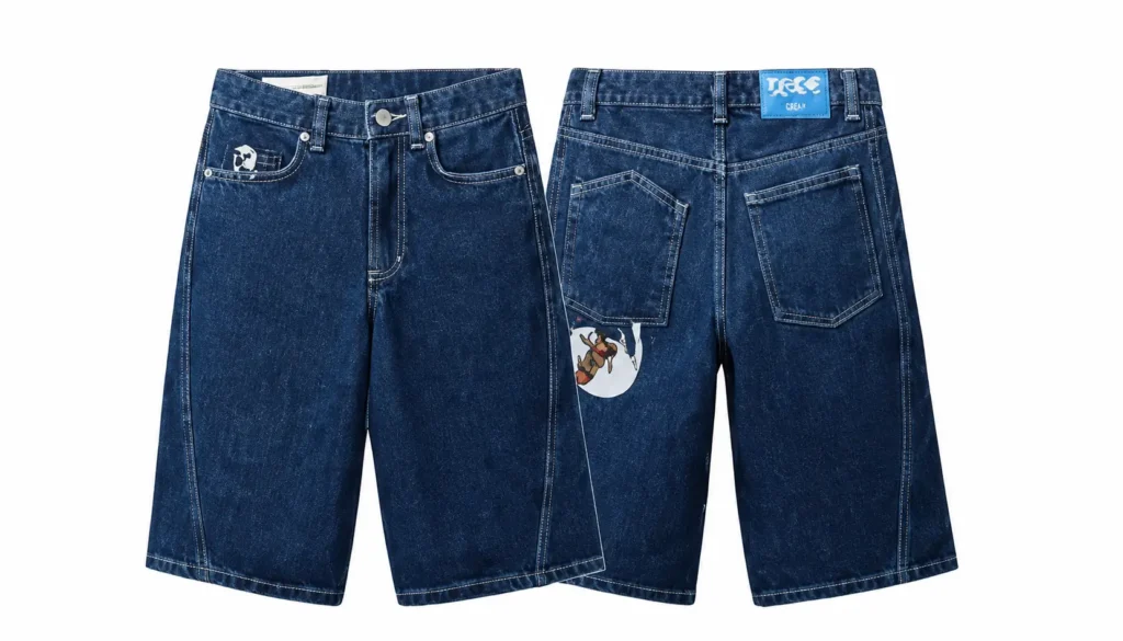 Dark blue denim short shown from the front and back with contrast stitch and small graphic detail