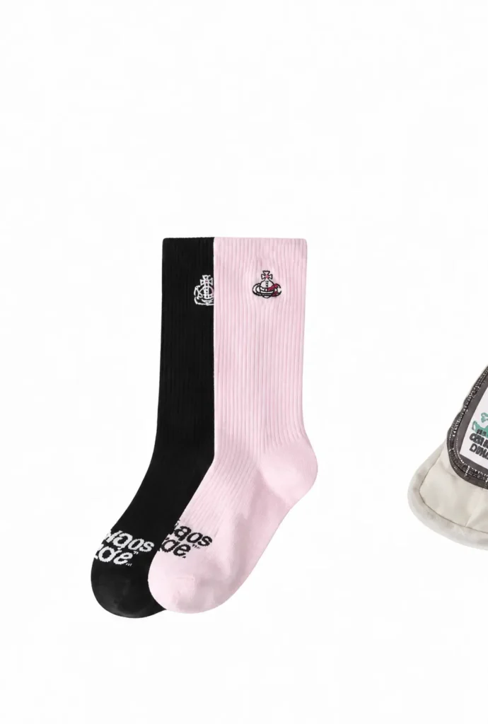 Black and pale pink rib crew sock with small embroider graphic and contrast toe letter