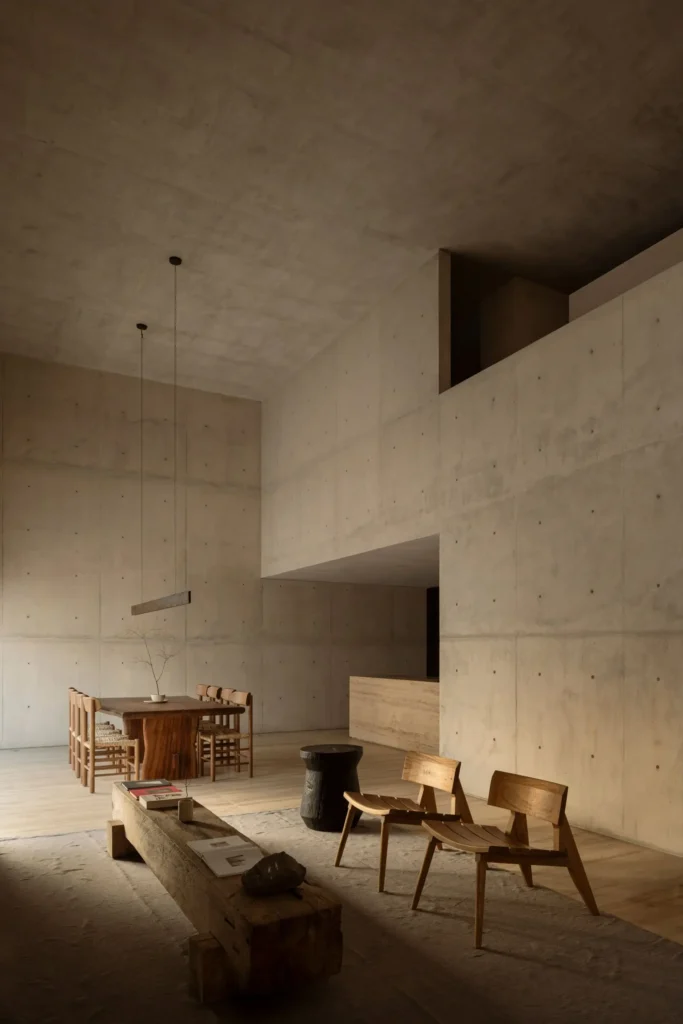 Minl dining area feature a solid wood table, woven chairs, soaring concrete walls, pendant lighting, and expansive floor-to-ceiling glaze