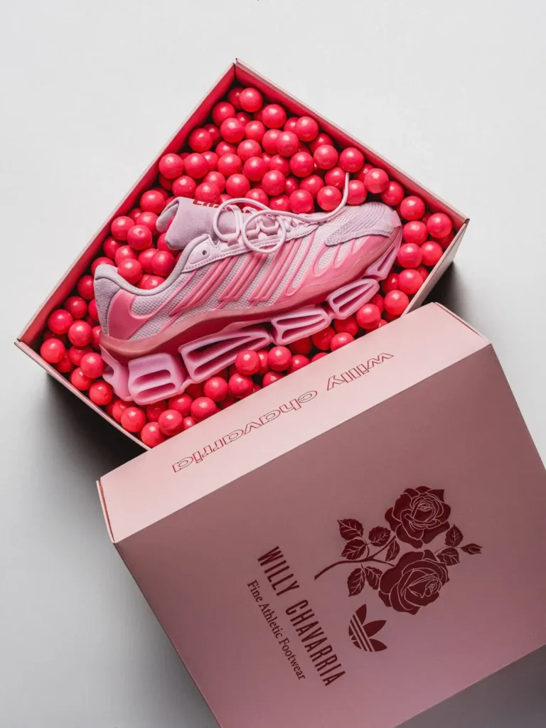 adidas x Willy Chavarria shoe presented inside a pink shoebox filled with red gumballs, featuring custom floral graphics and collide brand on the box