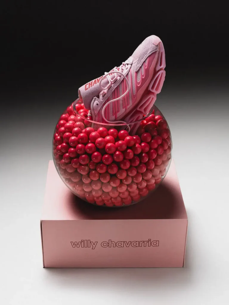 adidas x Willy Chavarria shoe emerging from a glass bowl filled with red gumballs, placed atop a custom pink branded display box