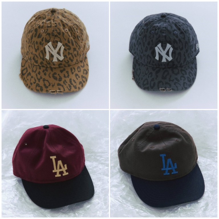 Four baseball caps: two leopard-print New York Yankees caps above, and burgundy and brown Los Angeles caps below