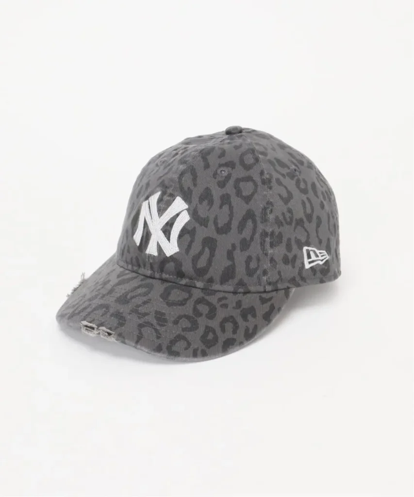 Gray leopard-print New York Yankees baseball cap with a curved brim and white embroidered logos on a white background