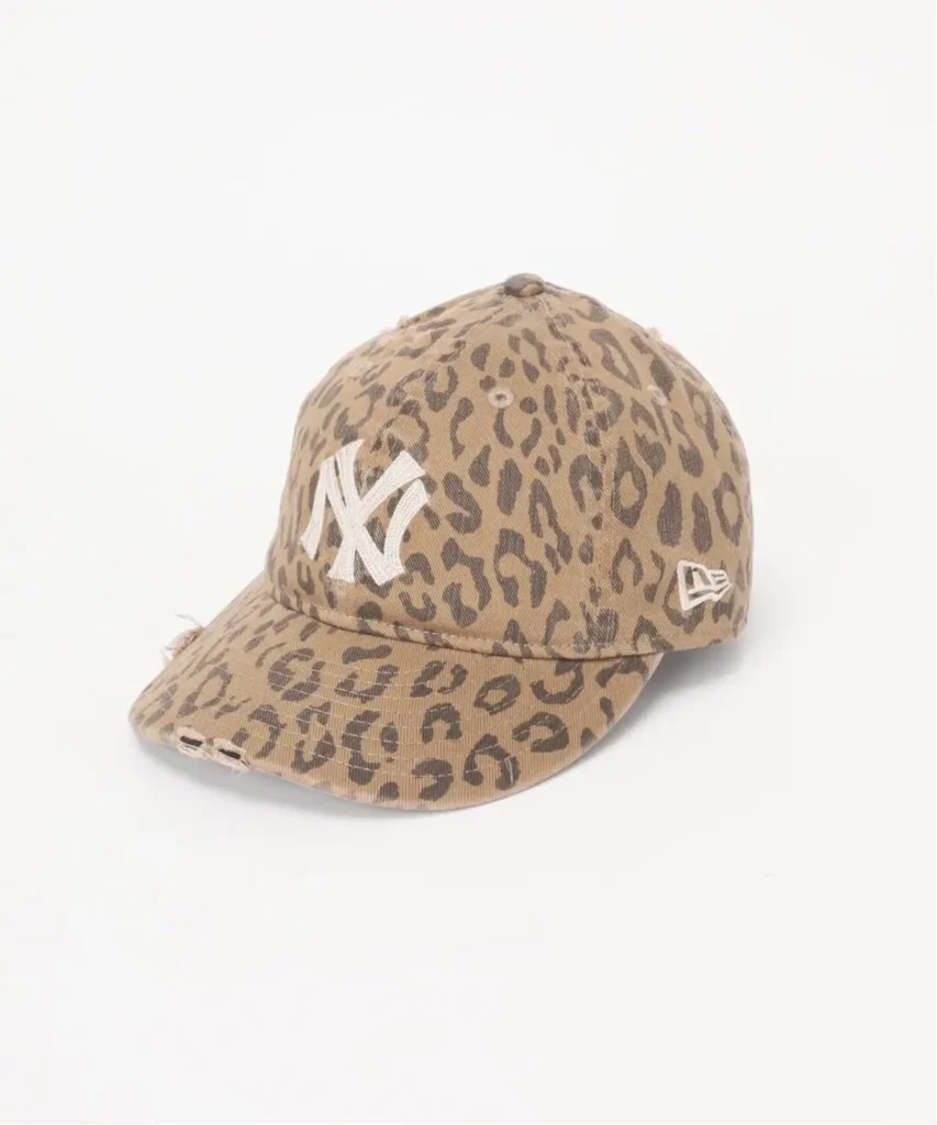 Leopard-print tan baseball cap with white New York Yankees logo and side emblem on a white background