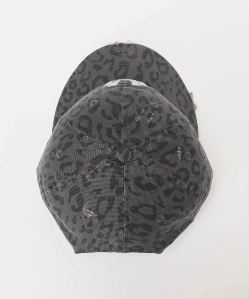 Gray leopard-print baseball cap viewed from the back against a white background