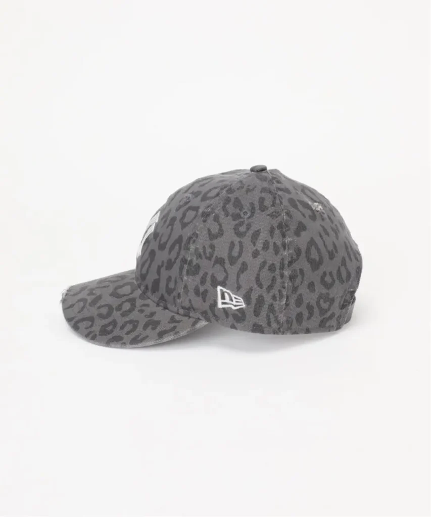Gray leopard-print baseball cap with a curved brim and white side logo on a white background