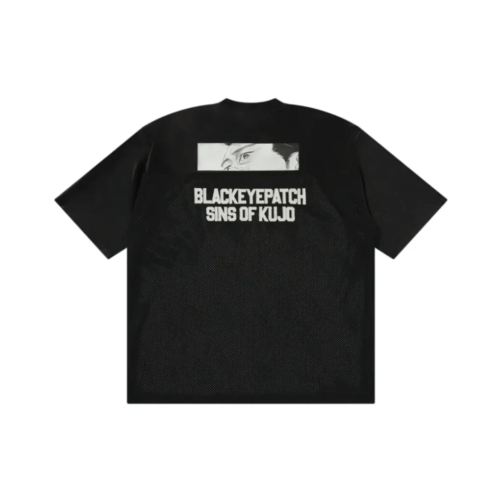 Back of the black mesh jersey tee, with a cropped manga eye graphic across the yoke above bold white "BLACKEYEPATCH SINS OF KUJO" text