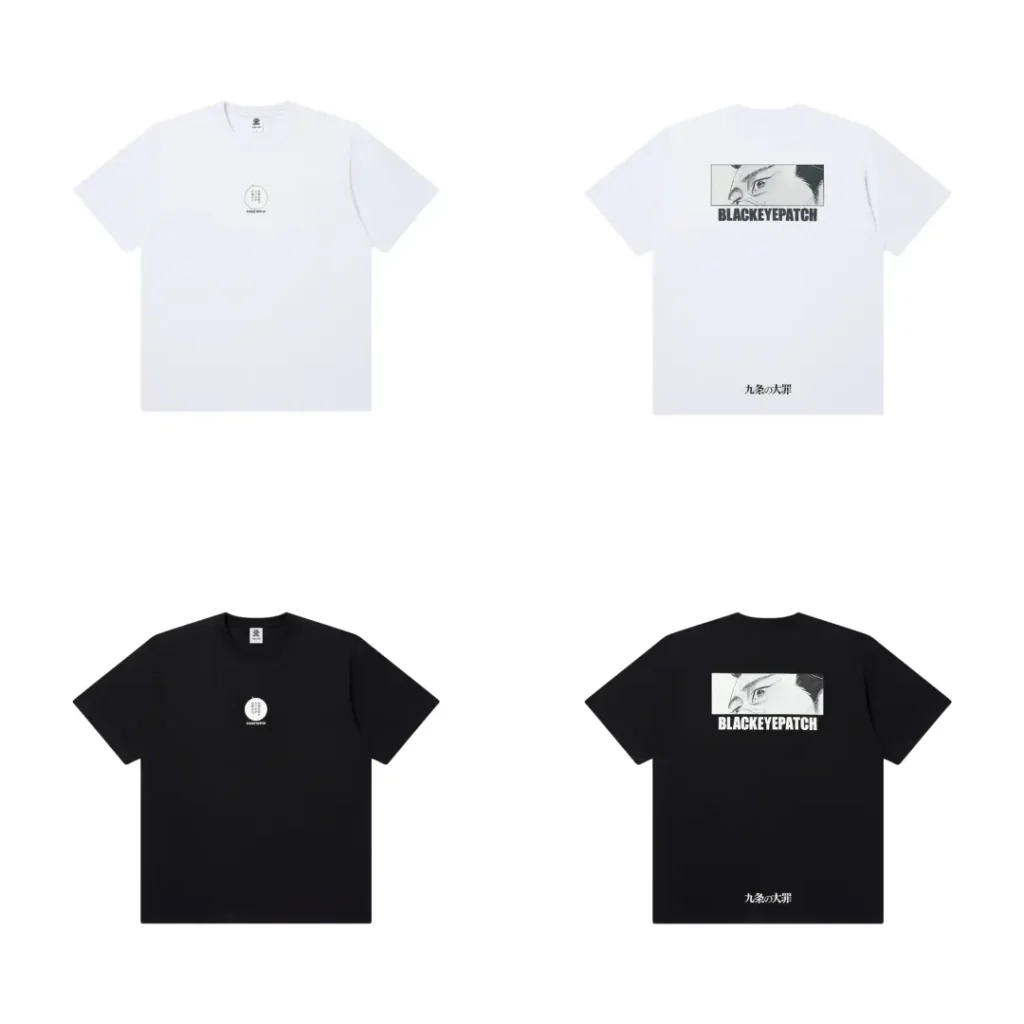 Four tees in white and black colorways: fronts show a small circular chest logo, backs show a cropped manga eye graphic, the BLACKEYEPATCH wordmark, and the Japanese title "九条の大罪" near the hem