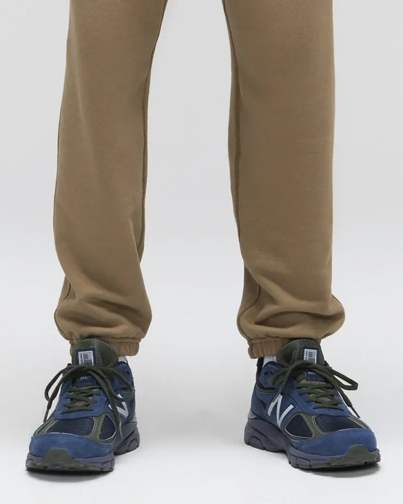 Front View Of Blue And Olive New Balance Shoes Worn With Tan Jogger Pants And White Sock