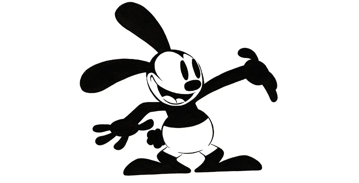 Classic Black-And-White Oswald The Lucky Rabbit Illustration With Arms Outstretched And A Wide Smile.