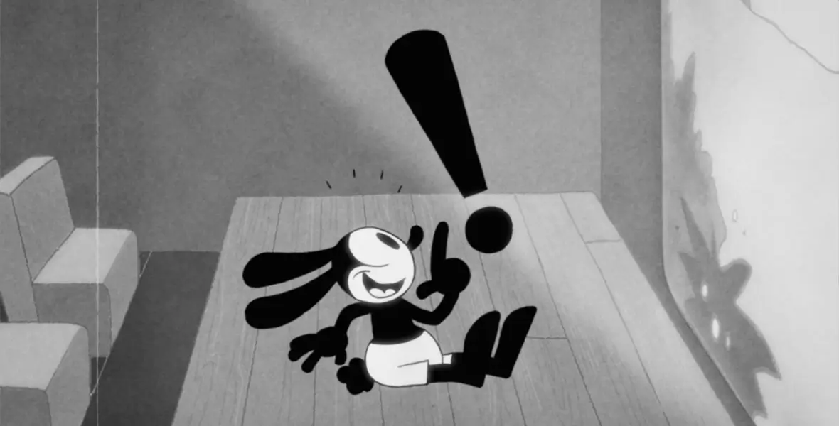 Black-And-White Oswald The Lucky Rabbit Sitting On A Wooden Floor Beneath A Large Exclamation Mark.