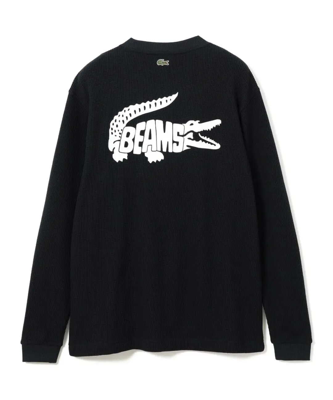 Black Lacoste x BEAMS waffle thermal, back view, white crocodile with BEAMS lettered inside.