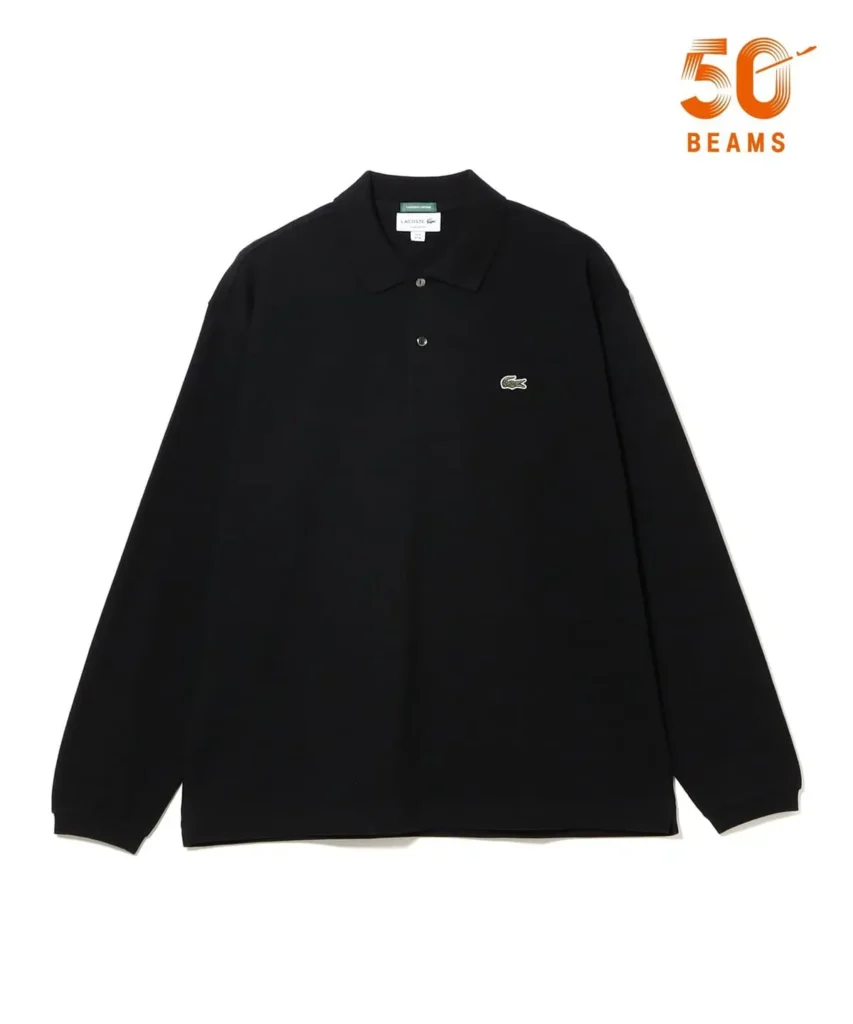 Black long-sleeved collared Lacoste shirt with a chest crocodile logo, laid flat on white beside an orange 50 BEAMS logo