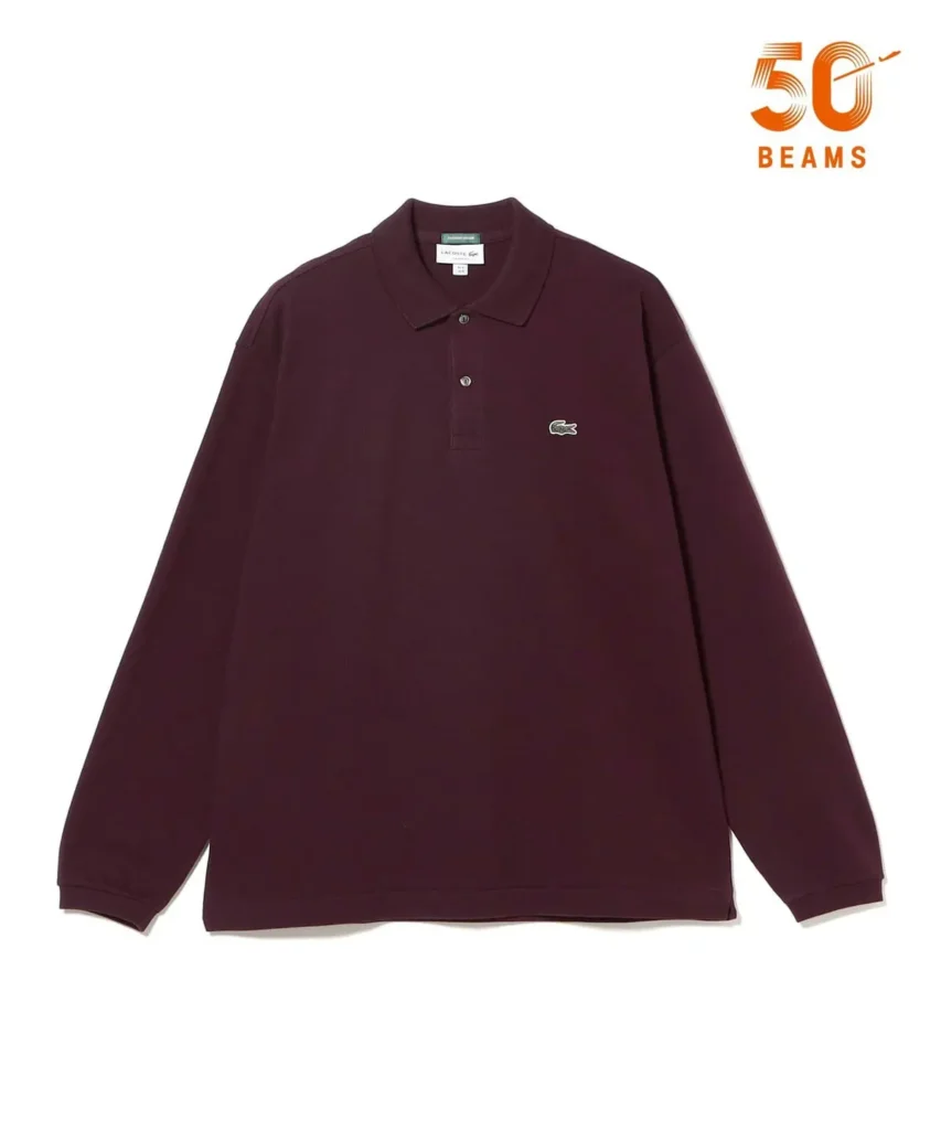 Burgundy long-sleeve Lacoste polo shirt with pointed collar, two-button placket and crocodile logo on white background with